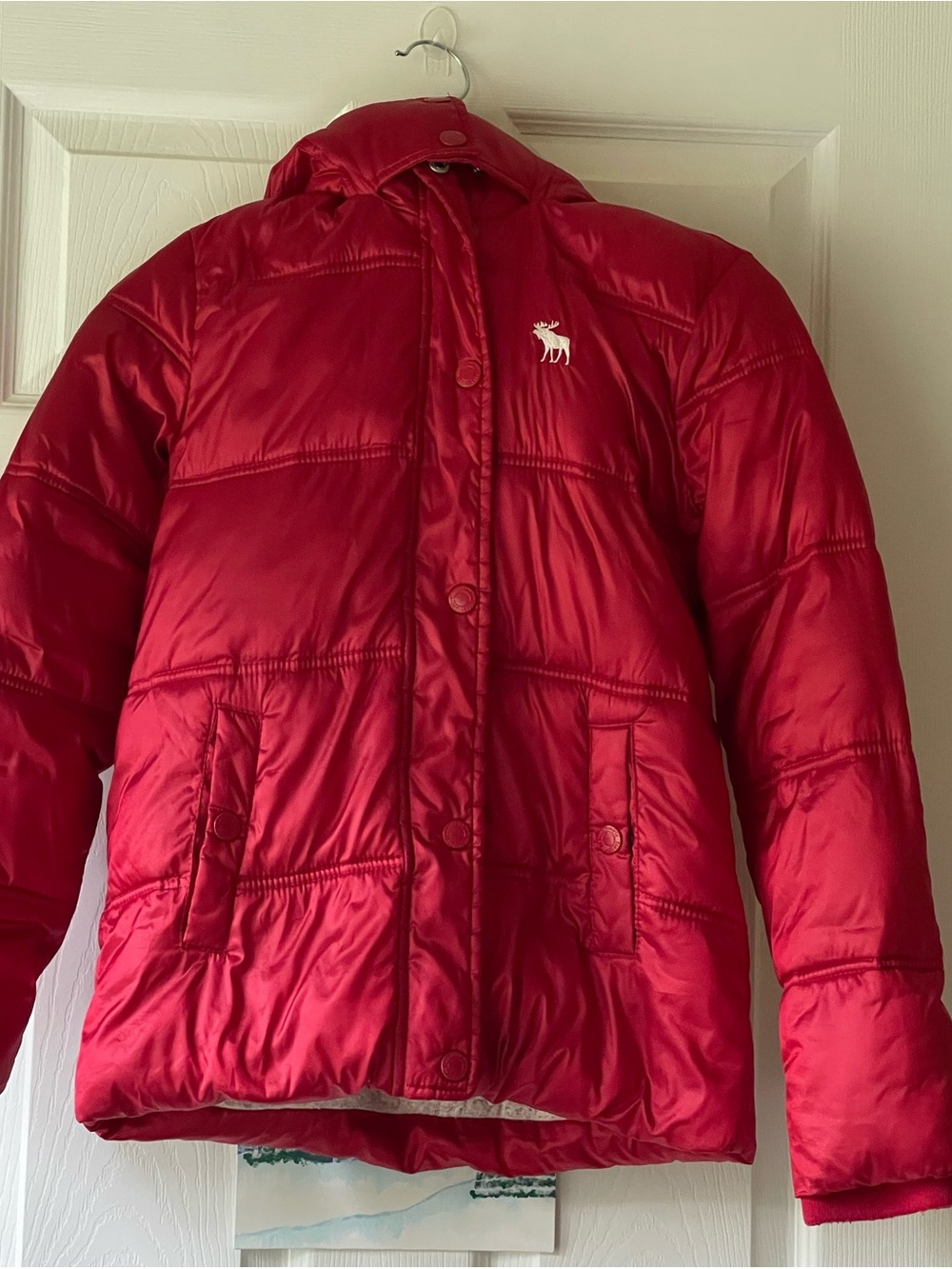 Red Hooded Puffer Jacket with Faux Fur Trm abercrombie kids